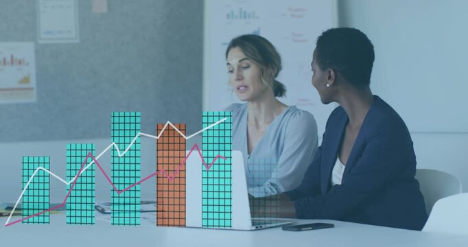 Two women talking in business, starting clear 3D bars, line graphs overlaying table showing sales