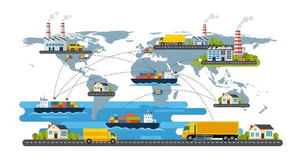 Naklejka premium Global Shipping and Transportation Network with Cargo Ships Trucks and Warehouses