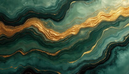 Fototapeta premium Abstract luxury marbled texture with flowing lines of emerald green and gold. Fluid art background suggests organic shapes and natural stone patterns. Modern design element.