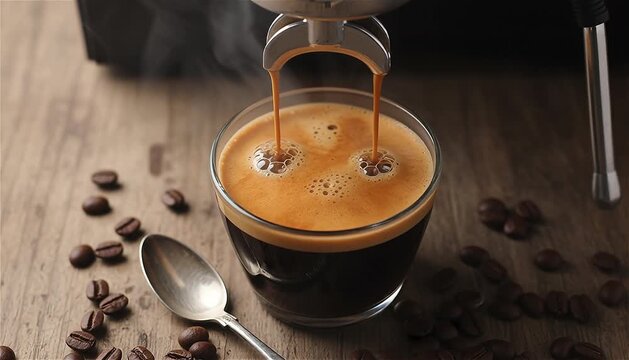 An overhead shot of fresh espresso being brewed, with dark, rich coffee filling the cup and forming a layer of foam on top.
