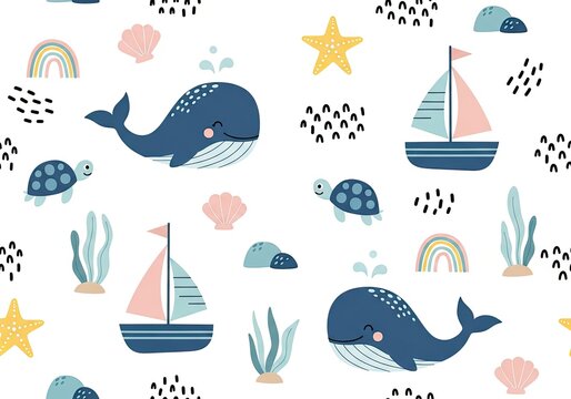 Cute whimsical whales sailboats and turtles seamless pattern for kids room decor