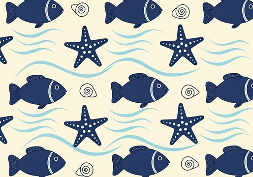 Dark blue fishes starfish and shells seamless pattern for ocean themed designs