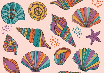 Fototapeta premium Colorful decorative seashells and starfish pattern on a light pink background