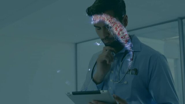 Editor dragging copyright clip onto timeline, overlaying hologram and logos, assessing legal risk