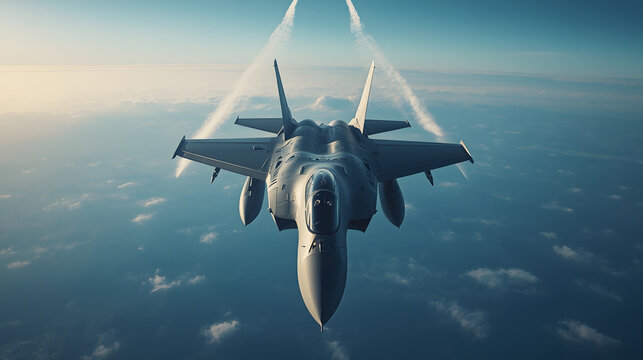 Aerial Drone View of Modern Fighter Jet Flying in Clear Blue Sky