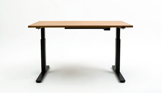 Modern height adjustable standing desk with light wood top and sturdy black legs. This functional furniture piece promotes better posture and offers a versatile workspace solution for home or office.