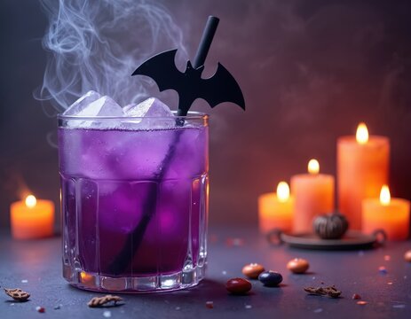 Glass of purple Halloween cocktail with ice and bat straw. Smoke rises from drink. Orange candles glow creating eerie atmosphere for spooky party celebration in October.