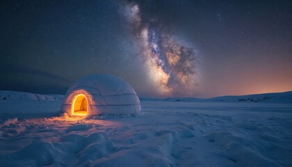 Fototapeta premium Snow igloo glows warmly at night in vast icy plain. Milky Way galaxy shines brightly in dark sky. Remote arctic wilderness, peaceful winter scene, cold desolate landscape.