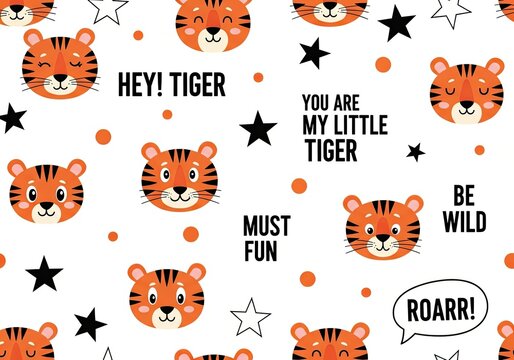 Cute tiger faces pattern with motivational phrases on white background