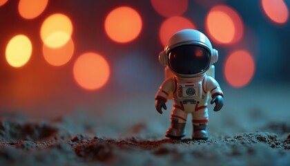 Fototapeta premium Toy astronaut figure stands on dusty ground. Blurred colorful lights glow in background. Tiny explorer begins journey into unknown cosmos. Space adventure begins, symbolizing dreams.