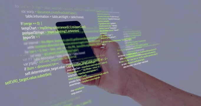 Hand entering from right holding smartphone, thumb swiping while code overlay shifting showing code