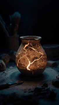 Clay pot repair with kintsugi technique in workshop
