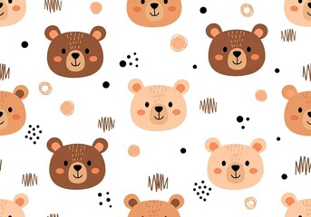 Naklejka premium Cute seamless pattern of bear faces with abstract playful doodles on white