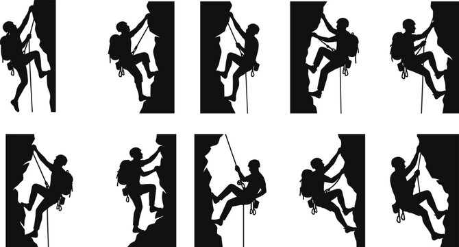 Rock climber silhouettes including mountaineering, rappelling, bouldering, extreme sports, outdoor adventure, hiking man, climbing athlete icons, vector illustration, mountain elements.