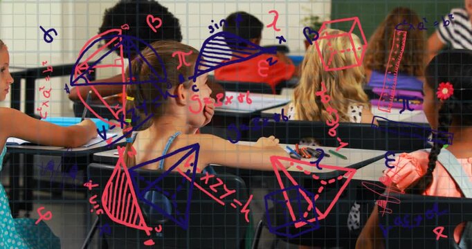 Girl in blue dress hearing whisper, smiling, tapping peer, returning to classwork with math grid