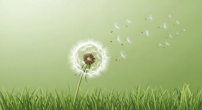 A serene digital illustration of a dandelion clock in a lush green meadow, with delicate seeds drifting away in a soft breeze against a misty, ethereal green background.