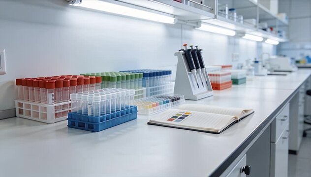 Laboratory bench pipette rack test tube research equipment sterile science workspace precision focus modern clean clinical light interior for dna crispr analysis and genetic discovery
