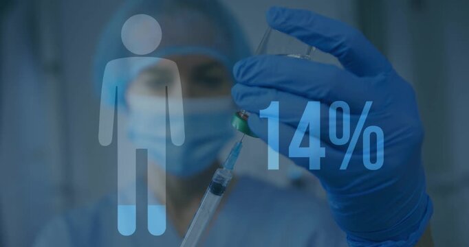 Nurse inserting needle into vial, filling syringe as pct bar filling icon showing progress