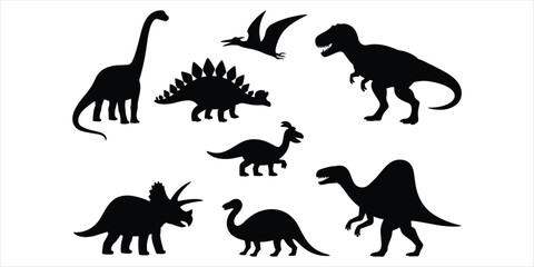 Silhouettes of various dinosaurs and a pterodactyl on a white background prehistoric extinct © Mst