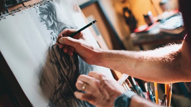 Focused medium shot of a classical easel holding a graphite and charcoal mixed media figure sketch while the studio environment remains subtly blurred.