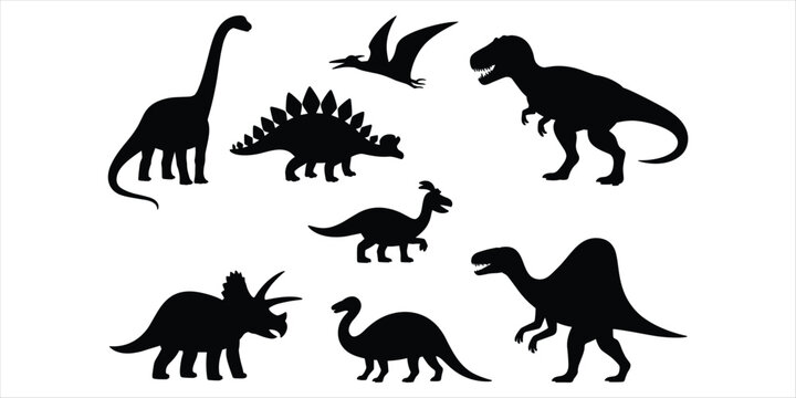 Silhouettes of various dinosaurs and a pterodactyl on a white background prehistoric extinct