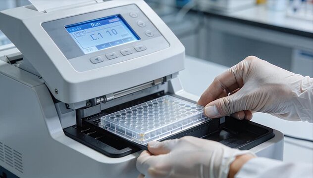 Laboratory scientist hand glove microplate pcr crispr dna research equipment analysis experiment test sample biology genetic genomic biotechnology labware liquid clinical healthcare automated pcr