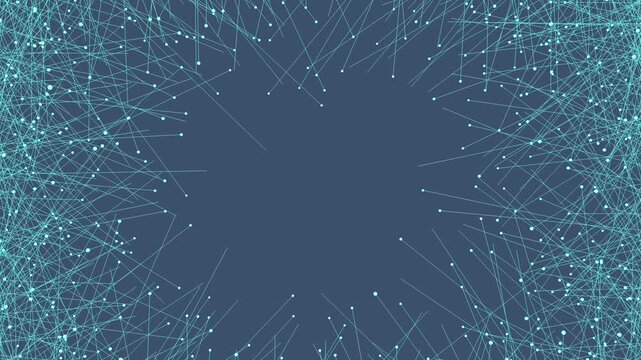 Teal-colored nodes and fine geometric lines grow inward from the left and right edges of a slate-blue frame, resembling a digital constellation or nerve network.