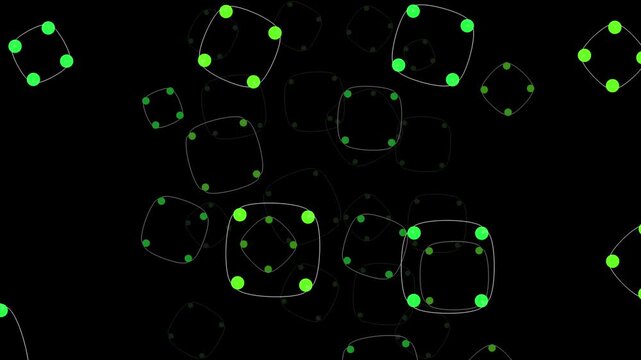 Stylized green glowing dots form the corners of soft-edged, translucent squares that float and rotate across a black void.