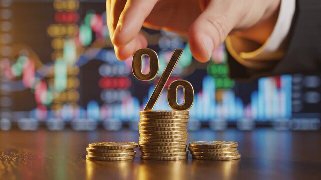 Financial percent symbol placed on stack of gold coins with stock market graph background.