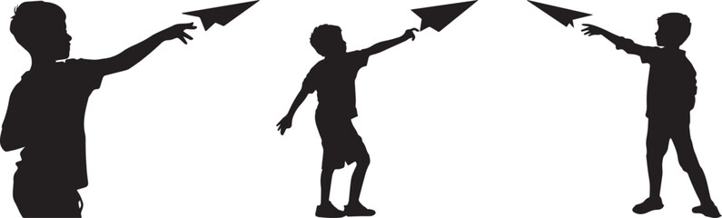 Silhouette of a boy throwing a paper airplane, arm extended. Set of 3 black silhouette children throwing paper airplanes vector © Nazia