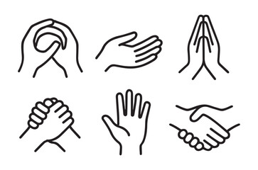 Obraz premium six different hand gestures in black line art on a white background