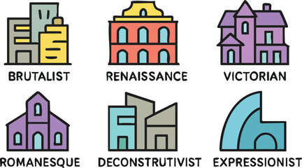 Obraz premium Architectural Styles Illustrated Cartoon Set.
