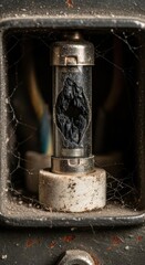 Blown electrical fuse displays significant internal damage within an old housing surrounded by cobwebs