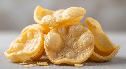 Freshly fried crackers with light golden color and crispy surface detail on a simple background, highlighting crunchy texture and traditional snack appeal.