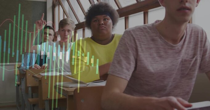 Vertical video: Front student tapping tablet, animated bars rising and guiding peers toward lesson