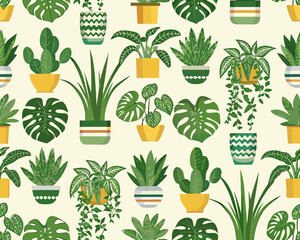 Seamless pattern featuring various potted tropical houseplants on a cream background © Amrita