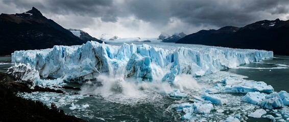 Towering glacier dramatically calving into dark freezing sea releasing glowing blue ice blocks