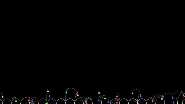 Colorful nodes bouncing along the bottom of the frame, trailing thin, arcing white lines that create a fountain-like effect against a black background.