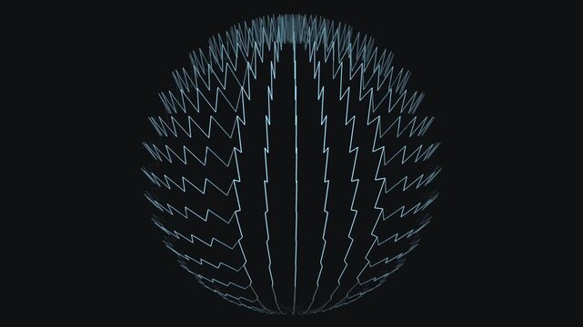 A dark sphere defined by multiple layers of blue, zigzagging "sawtooth" lines that rotate to create a prickly, pinecone-like texture.