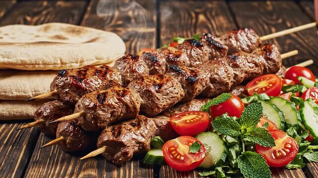 Delicious grilled meat skewers with fresh salad and flatbread served on