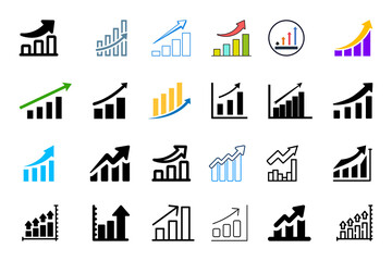 Obraz premium Colorful business growth bar charts with rising arrows representing financial success and economic progress and market up trend and positive profit increase and wealth development and success icons