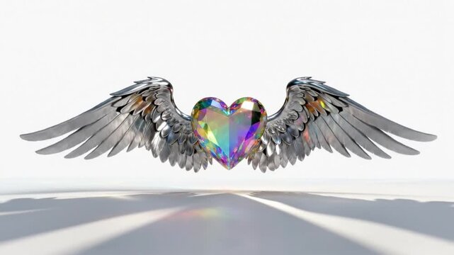 Prismatic crystal heart with majestic silver wings angelic romance art