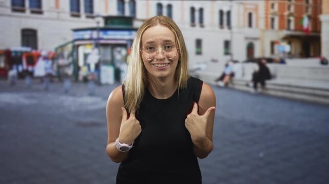 Woman pointing both thumbs at her chest wearing glasses and a wristwatch on street near stone steps and kiosk; uncertainty self identity.