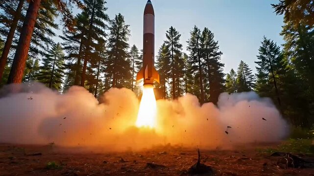 Aerial view of hypersonic missile launch in forest clearing with trees surrounding the site