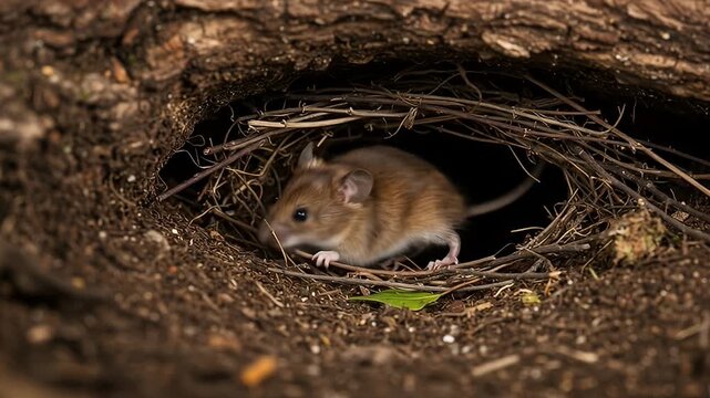 Tiny mouse peaking from a dirt burrow lined with twigs and a single green leaf