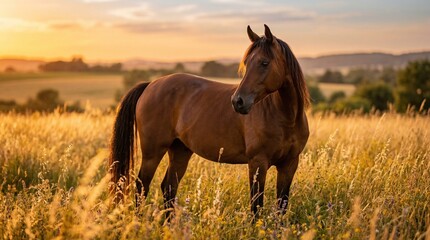 Black horse gallops rapidly through a misty, dew-covered pasture at dawn.