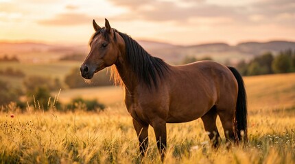Obraz premium Brown horse stands majestically in a tall, golden field during a warm sunset.