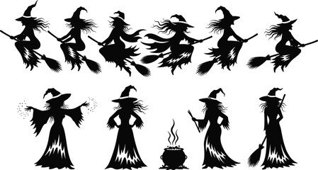 Set of Halloween witch silhouettes featuring characters flying on broomsticks standing by bubbling cauldrons and casting magic spells for holiday graphic design projects © Itz  Parvin