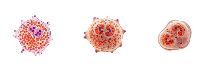 Obraz premium Eosinophil isolated on white background, eosinophilic granulocyte, 好酸球 (Kōsankyū), Eosinophiler Granulozyt, human WBC, immune cell, allergy response, parasite defense, microscopic blood element