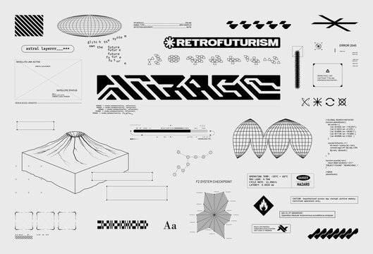 Retrofuturistic Sci-fi graphic box with HUD, UI, 3D elements, shapes, wireframe globe, diagrams, warning labels, frames. Perfect for cyberpunk concept, streetwear, t-shirt, HUD. Vector graphic set